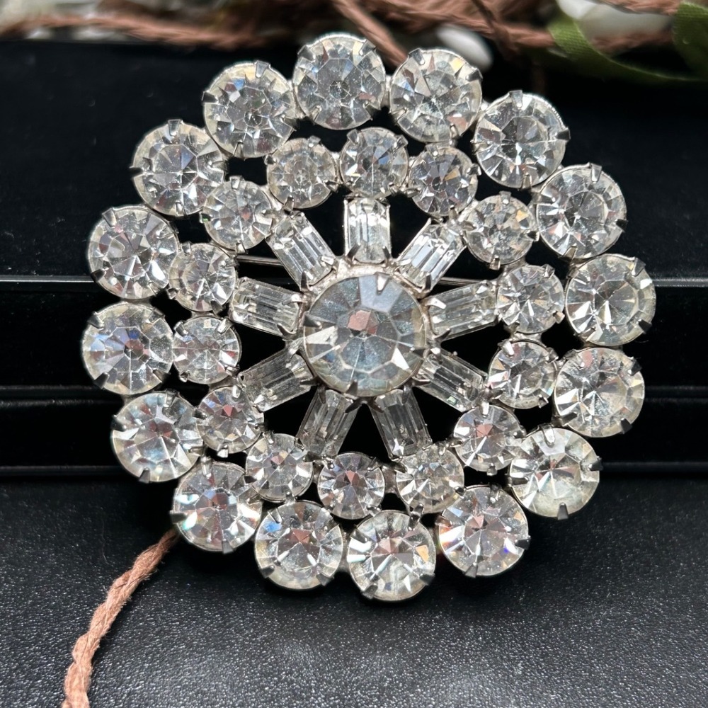Round Rhinestone Brooch Clear Crystal Starburst Cluster Vintage Wedding Pin